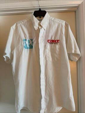 Wrangler White Short-Sleeve Button-Down Shirt with Red and Teal Logos